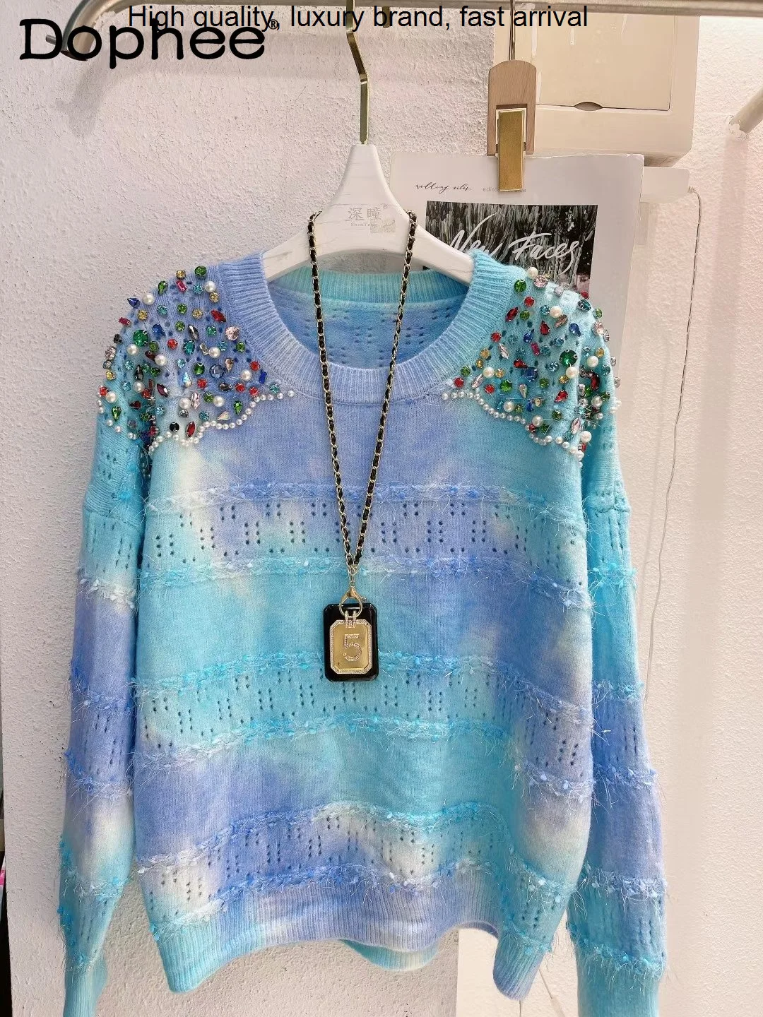 Beaded Exquisite Rhinestone Round Neck Pullover Women Loose Sweet Tie-Dyed Knitted Jumper 2023 New Autumn Winter Sweater