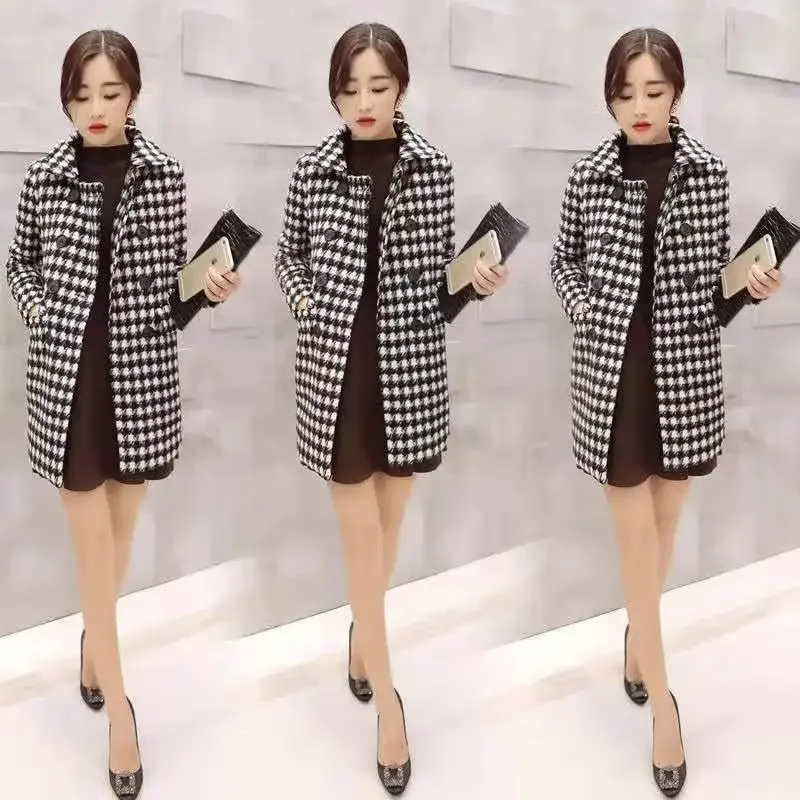 autumn new double-breasted medium and long black and white thousand birds plaid coat Korean version fashion woolen coat