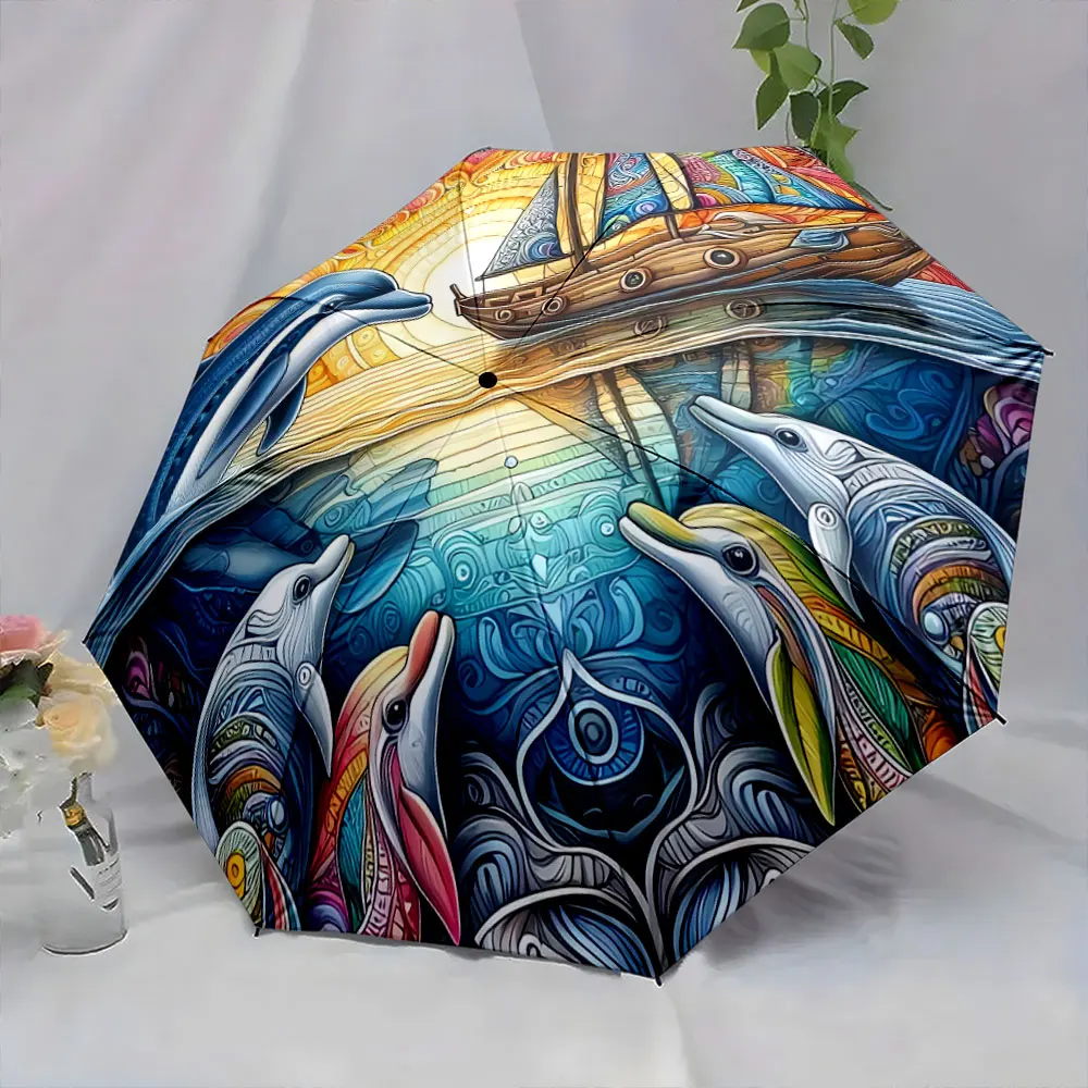 Colorful Dolphin and Sailboat Sunset Art Umbrella Design portable waterproof sun rain umbrella for outdoor travel beach