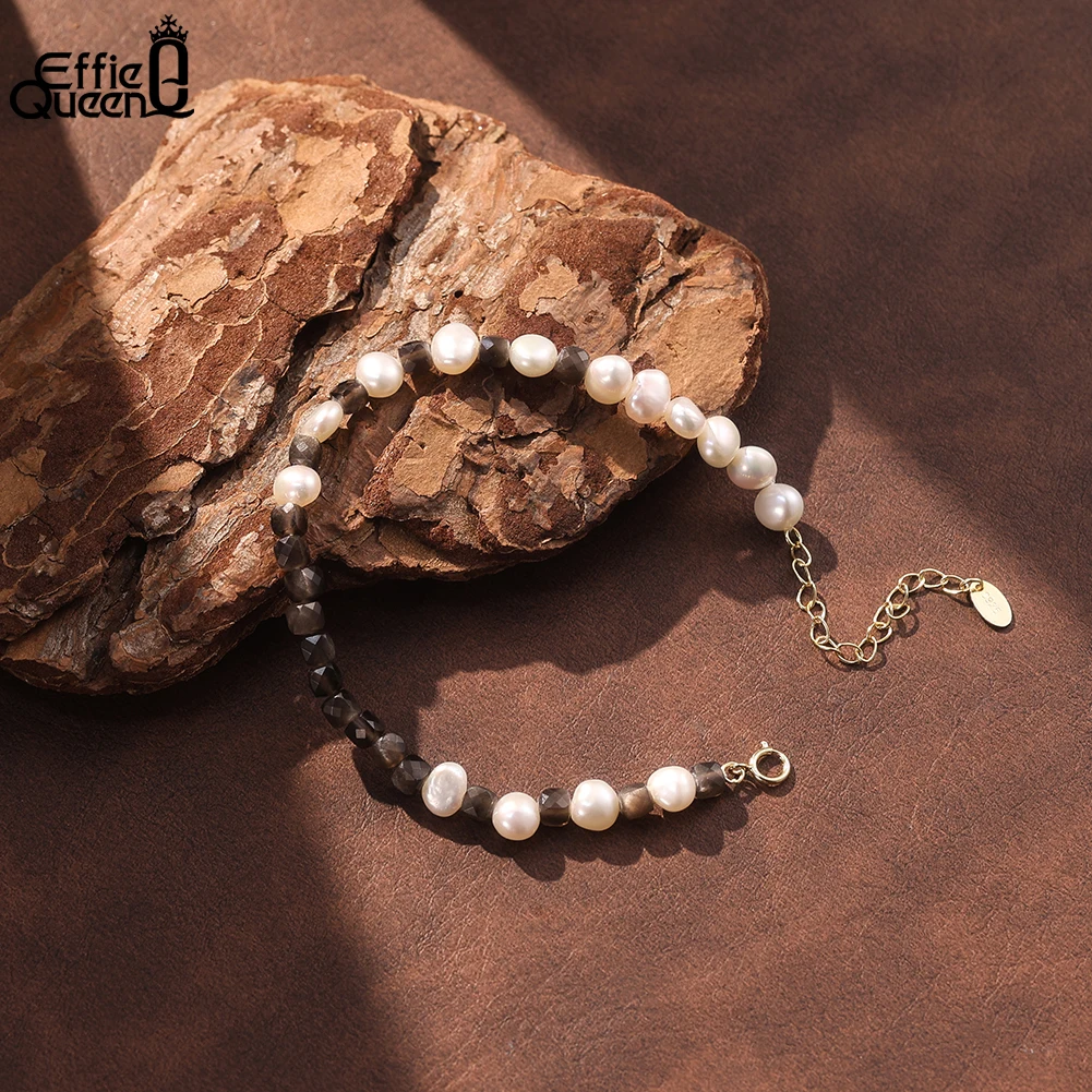 Effie Queen Natural Black Obsidian Beaded Bangle 925 Sterling Silver Black Obsidian Pearls Bracelet Fashion Jewelry Gift MPB26