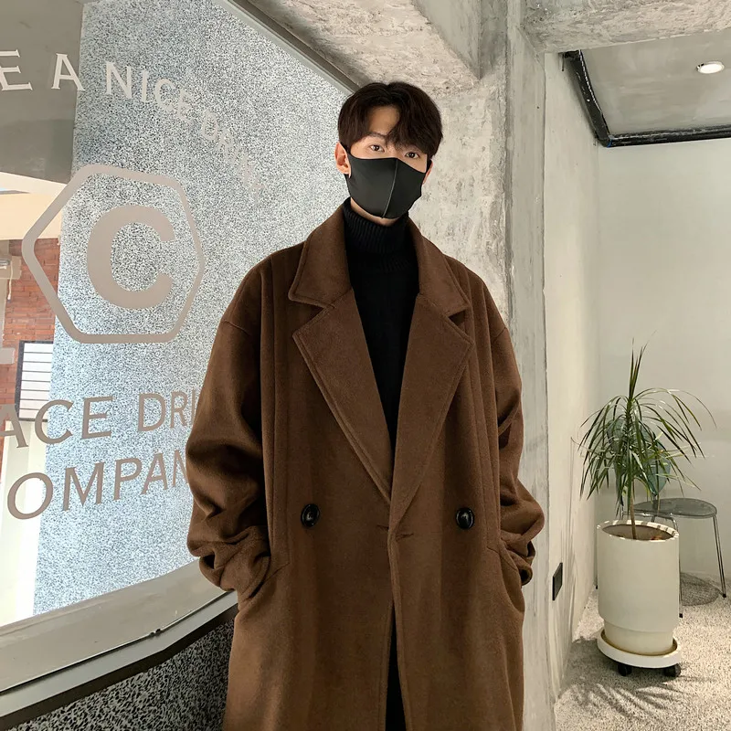 

Korean Sle Men's Thiened Oversized Windbreaker Coat Medium Length Autumn Winter Brown Woolen Jaet Casual Youth Faion
