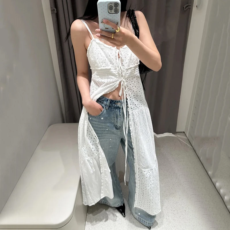 ลูกไม้Patchwork Camisชุดผู้หญิงY2K Holiday Beachชุดยาวแขนกุดเกาหลีแฟชั่นHarajukuเซ็กซี่สีขาวLace Up Vestidos