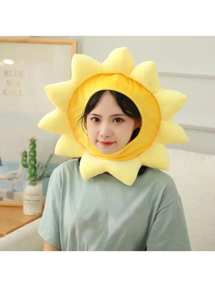 Kawaii Cartoon Yellow Sunflower Plush Hat Funny Stuffed Toys Headgear Warm Beanie Earflap Cap Cosplay Party Props