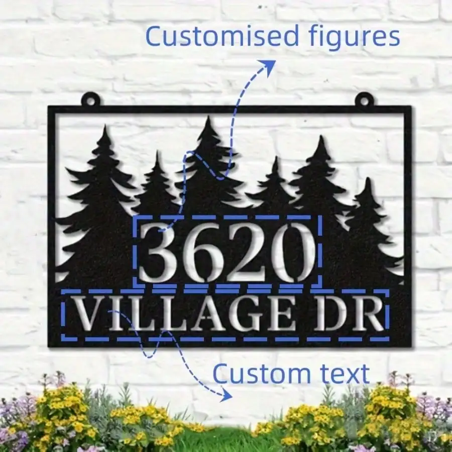 

Custom Pine Forest Metal Address Sign Hanging House Number Plaque Outdoor Yard Decor Gift