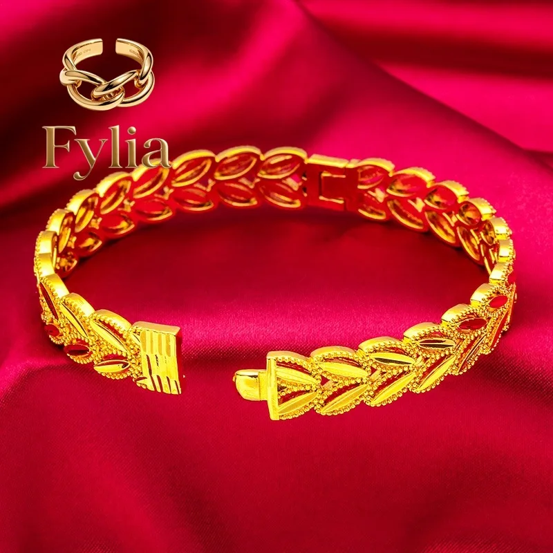 Fylia Jewelry  9999 Real Gold 24K Real Gold Bracelet and Ring Set for Women, Leaf Vine Man Style Bracelet, Ring, Gold Jewelry Gi