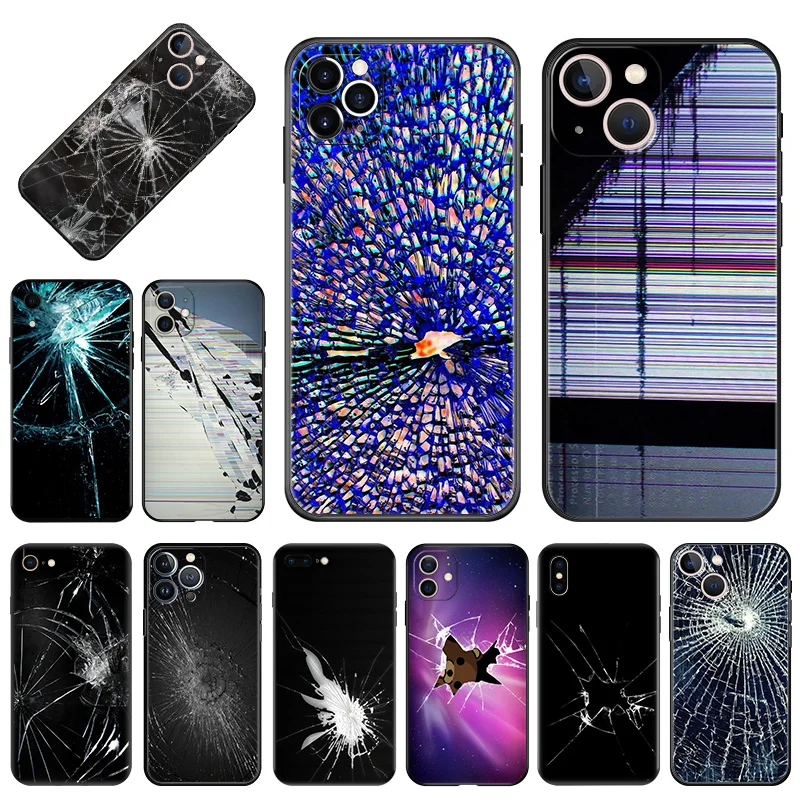 Soft Phone Cases For iphone 16 15 14 13 12 11 Pro XS Max Mini XR 7 8 Plus 16ProMax Cracked Screen Texture Art Black Matte Cover