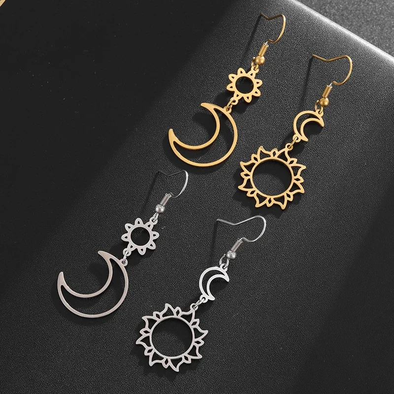 Stainless Steel Three Moon Goddess Pendant Earrings Crescent Sun Pentagram Celestial Women's Wiccan Pagan Wedding Jewelry