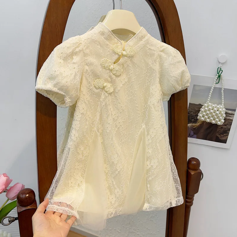 

2024Chinese Style Girls' Lace Dress Summer Puff Sleeve Mesh Patchwork Easy Matching Children Stand Collar Cheongsam Dress