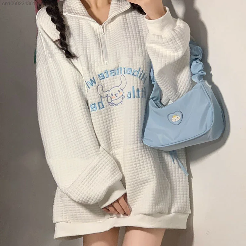 Sanrio Y2k Clothes Cartoon Cinnamoroll Embroidered Thin Waffle Pullover Kawaii Sweatshirts Women Tops Spring Long Sleeve Shirts