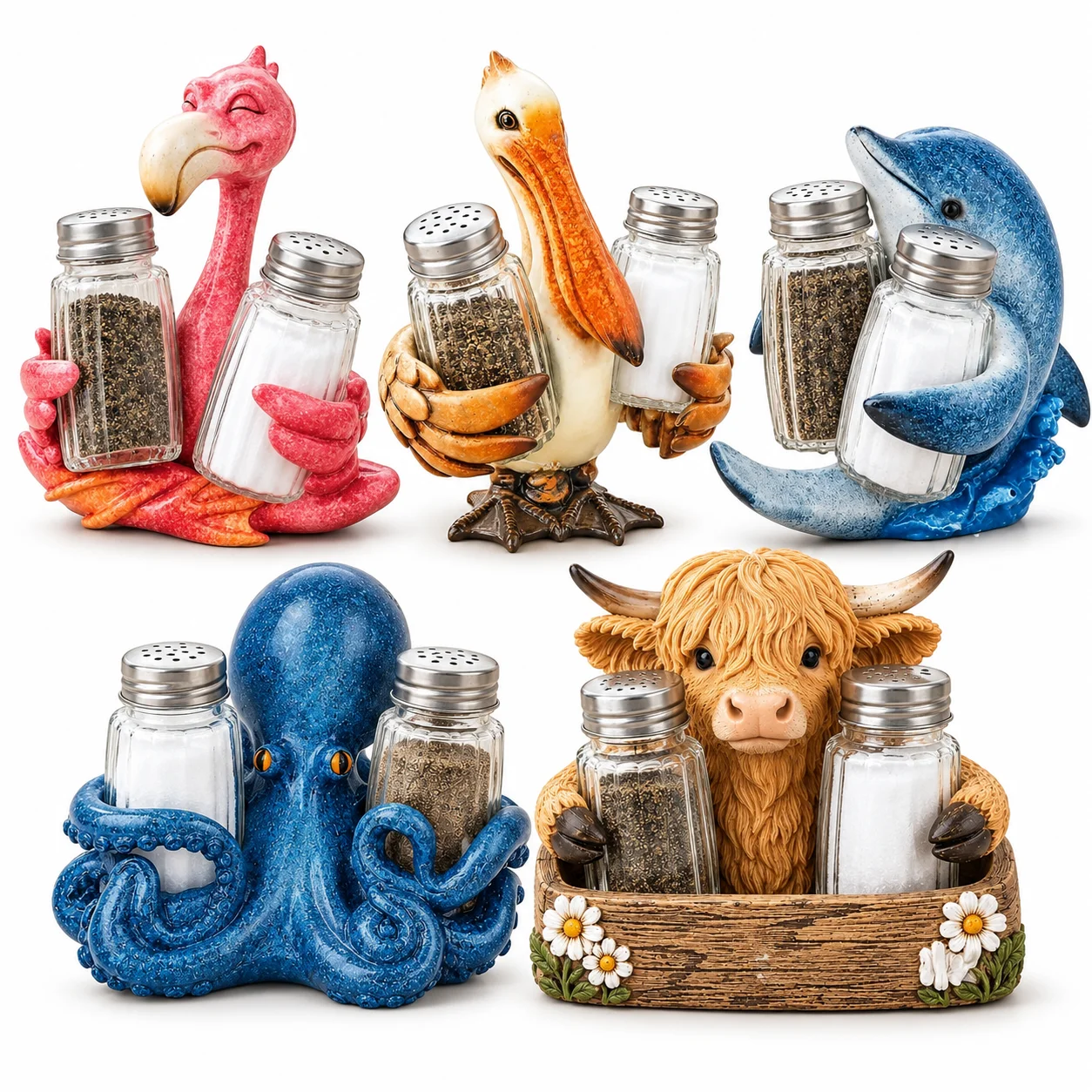 Hodao Resin Salt Pepper Shakers Cute Animal Figurine Decor Bottles Spice Dispenser Pelican Flamingo Dolphin Octopus Cow Gift