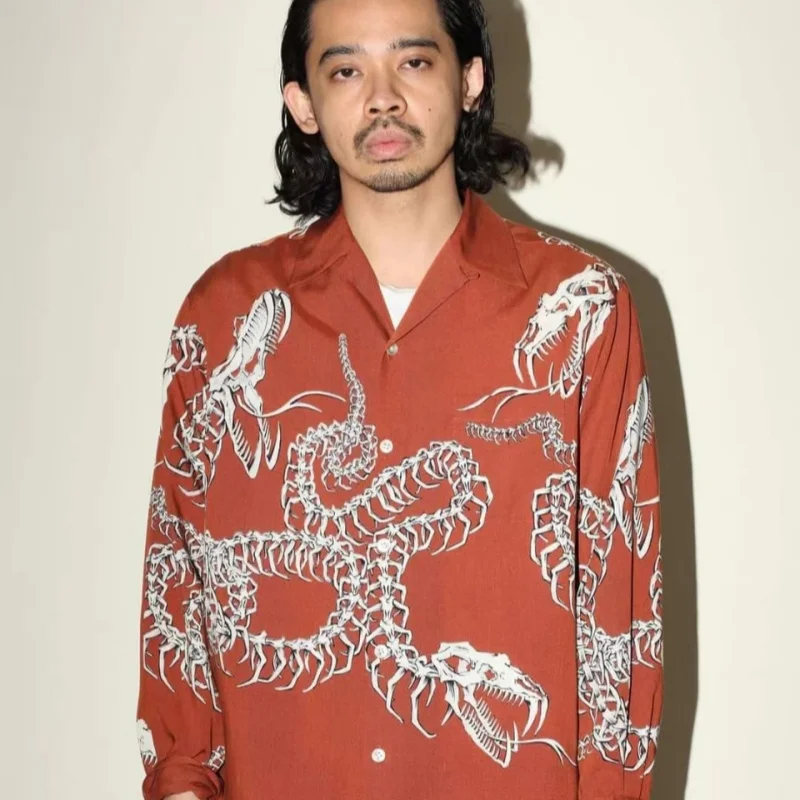 

WACKO MARIA Vintage Serpentine Bone Hawaiian Long Sleeve Shirt Japanese Harajuku Men's Shirt Loose Brand Tops