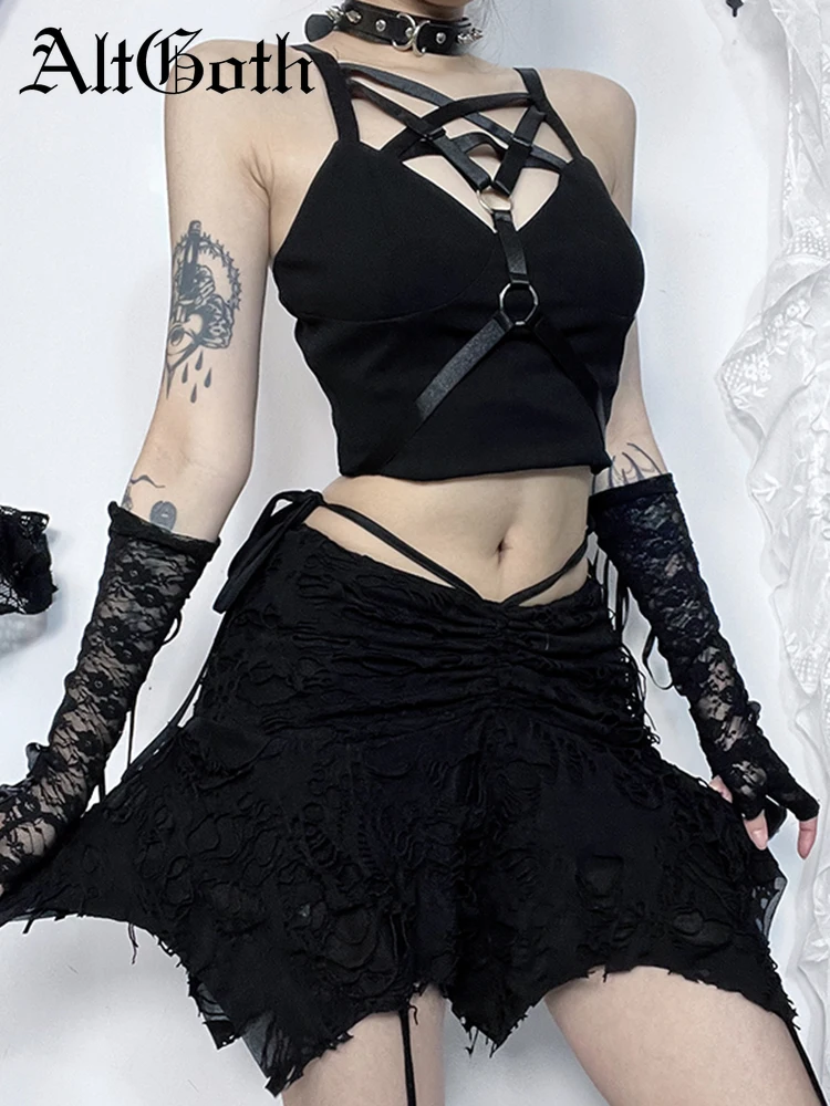 

AltGoth Goth Punk Skirt Women Streetwear Harajuku Hole High Waist Irregular Mini Skirt Aesthetic Y2k E-girl Emo Alt Skirt Femme