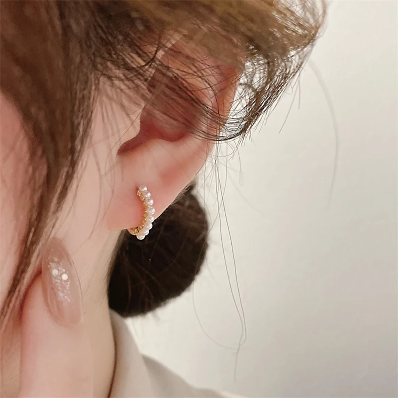 Yuedane Stainless Steel Little Imitation Pearl Hoop Earrings Small Circle Cartilage Earring Piercing Jewelry For Women