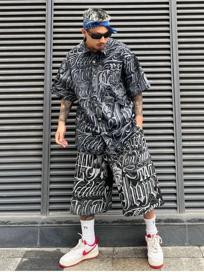 2 Pieces Sets Mens Fashion Harajuku Printed Single Breasted Shirts and Drawstring Capris Short Pants Joggers New Streetwear Sets