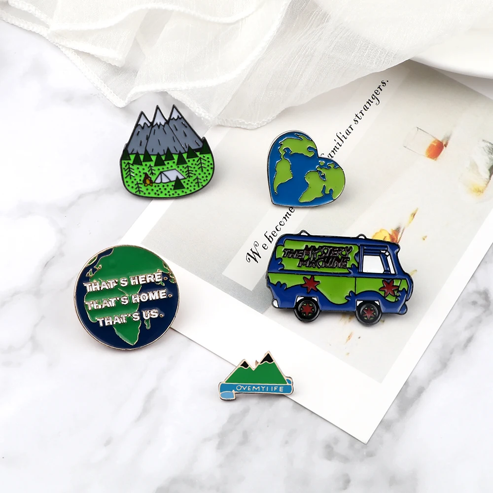 5 Style Environmental Protection Enamel Pins Metal Bus Earth Mountain Peak Brooches Women Men Lapel Pin Badges Jewelry Gift New