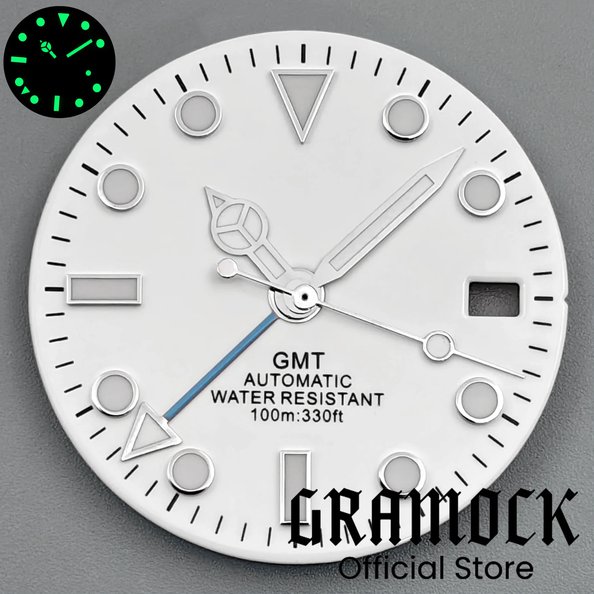 Gramock NH34 Watch Replacement Parts 29mm White Watch Dial With Ice Blue GMT Hands Luminous Silver Edge Fit NH34A NH34 Movement