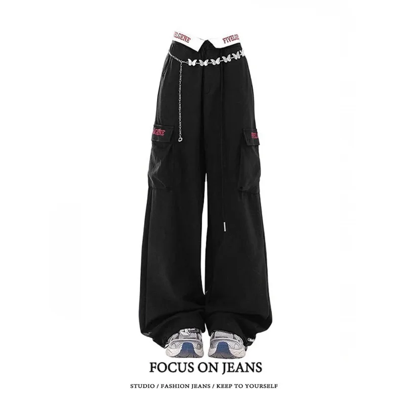 

Летние свободные широкие брюки в пол в американском ретро-стиле с высокой талией, цвета синий Кляйн, повседневные рабочие брюки для женщин