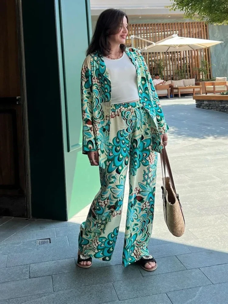 Eid Modest Muslim Two Piece Sets Women Print Shirts & Wide Leg Pants Set Musulman Ensembles Full Sleeve Loose High Waist Long