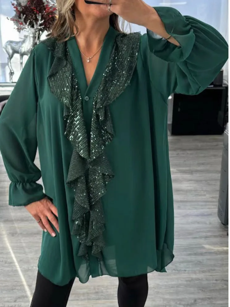 

Elegant V-Neck Chiffon Blouse Sequined Patchwork Blouse Long Sleeve Mid Length Blouse Casual Office Party Top For Women