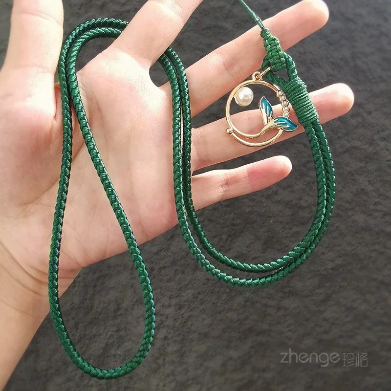 Mobile Phone Lanyard Solid Color Minimalist Bracelet Fish Tail Round Pearl with Neck Strap Phone Case Universal Dark Green Strap