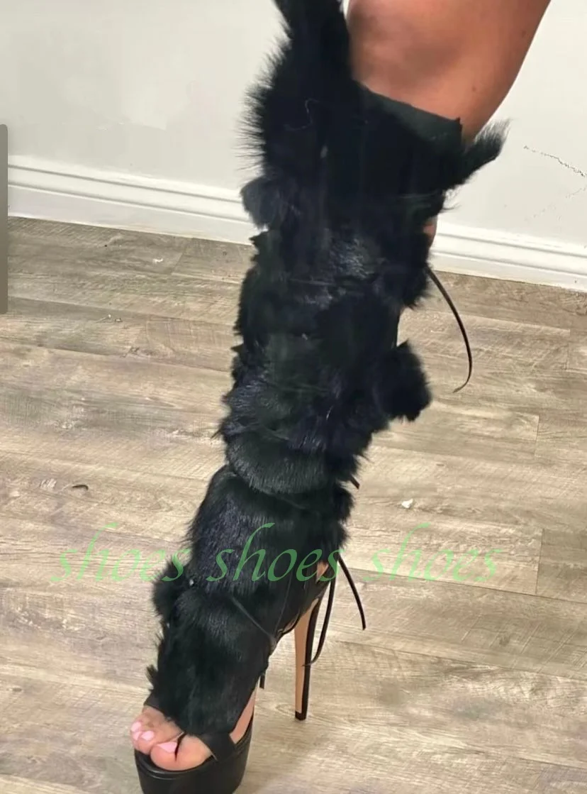 

Lady Platform Gladiator Black Fur Open Toe Knee Boots Stiletto Heel Runway Fur Fall Dress Sexy Black Lace-Up Warm Fur Boots 46