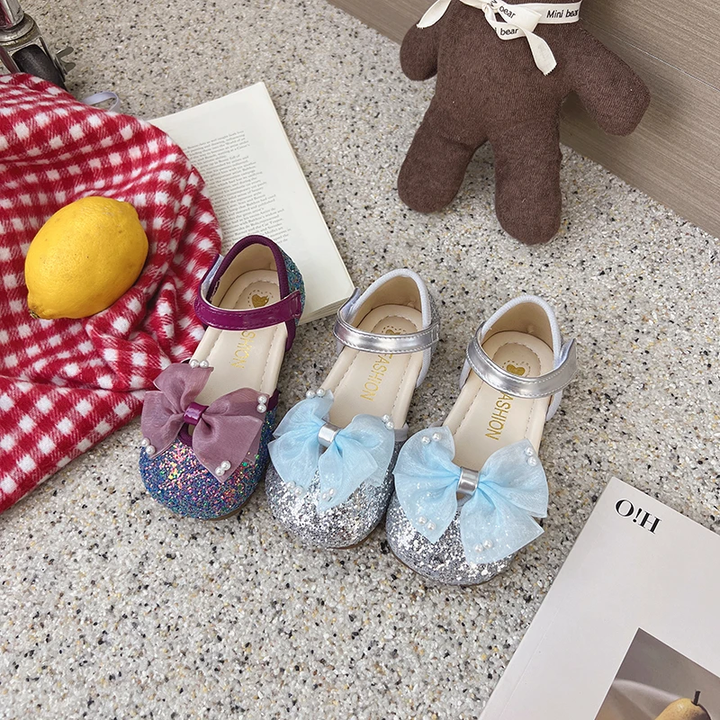 Autumn Girl's Princess Shoes Bling Bowknot Charming Kid's Flat Shoe Solid Colors Anti-slip Sweet Daily Party Children Shoes