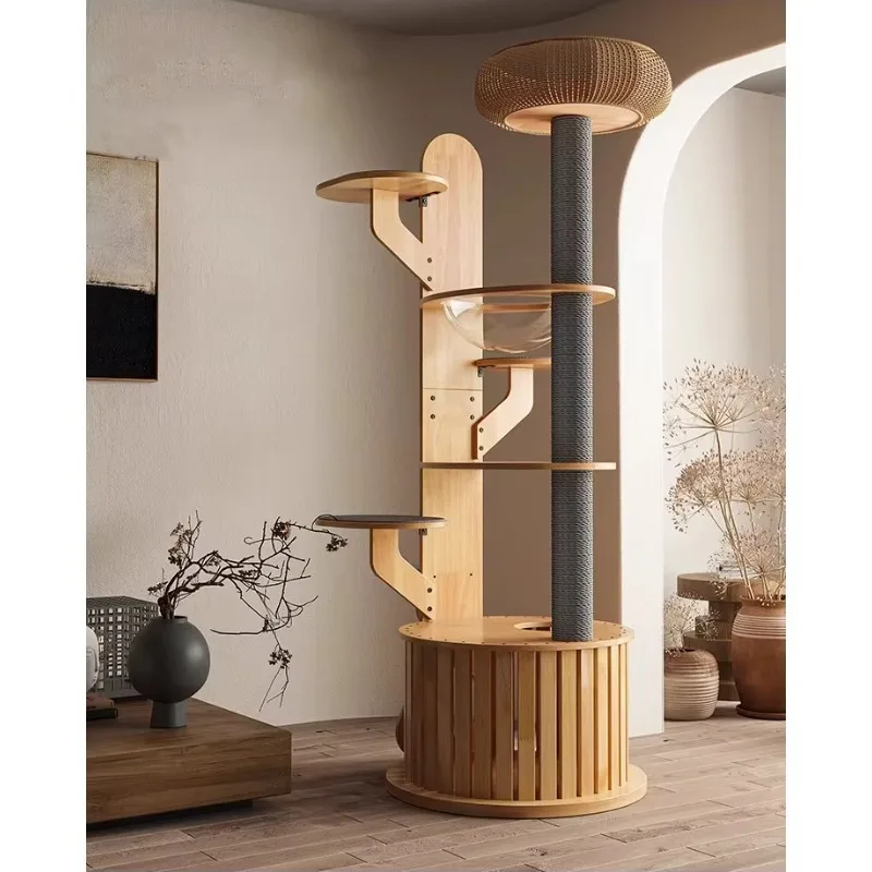 

Solid Wooden Multi-Platform Pet Scratching Board with Kraft Paper Rope Pole Sisal Post Rubber Wood Tree Tower for Cats