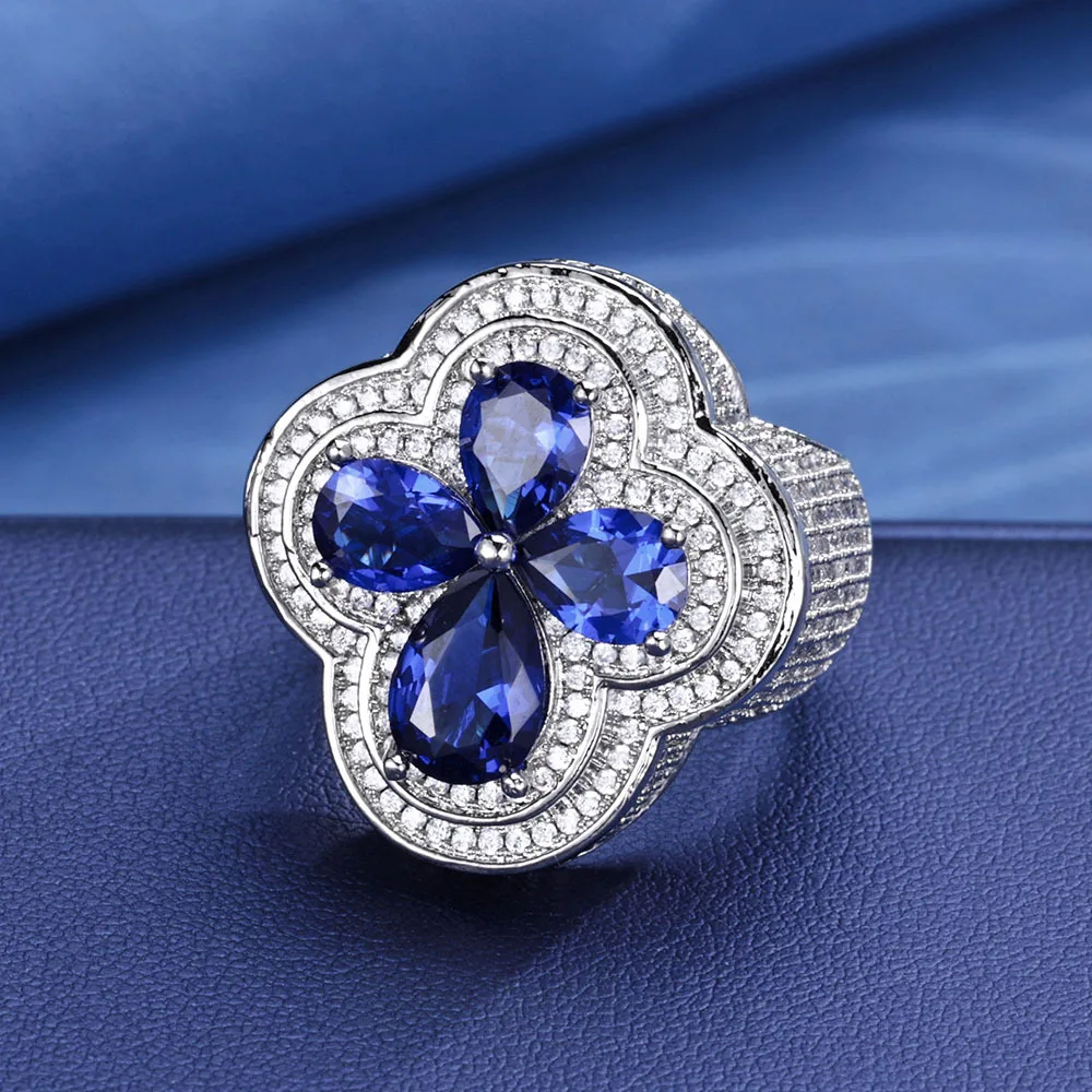 S925 Lucky Four Clover Moissanite Rings For Women Men Pink Blue Water Drop Stone Iced Out Couple Rings Jewelry Hip Hop Gifts