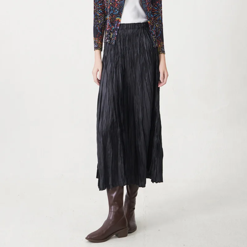 YFPF Miyake plissé conception une ligne jupe femmes mode taille haute couleur unie ample décontracté jupes longues 2025 nouveaux vêtements