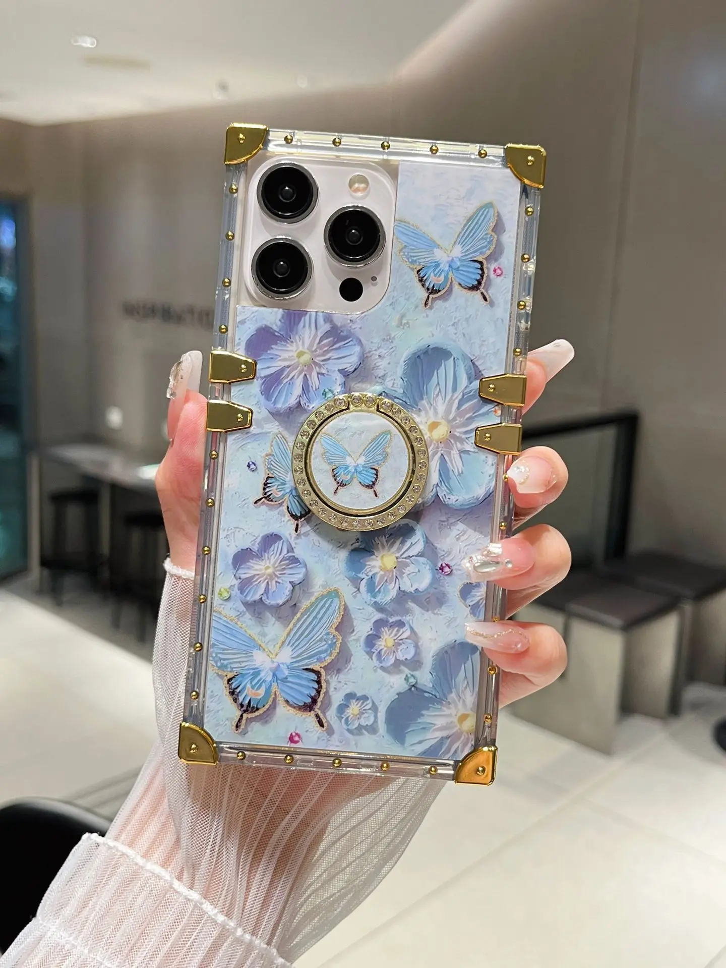 Shockproof Square Flower Butterfly Design Ring Stand Phone Case for iPhone 16 15 14 13 12 11 Plus Pro Max Holder Cover