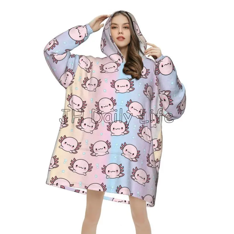 Axolotl Gifts for Women Girls Wearable Blanket Hoodies Oversized Flannel Hooded Blankets Warm Pullover Sweatshirt with Pockets