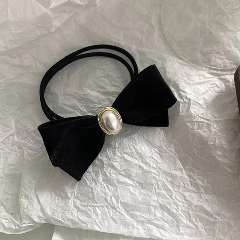 Pearl super elastic velvet simple temperament black head rope bow hair tie rubber band to tie the hair