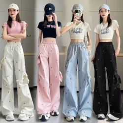 Spodnie z szerokimi nogawkami z nadrukiem niedźwiedzia Elastyczna talia Koreańskie spodnie cargo Streetwear Solidne spodnie joggery Kpop Oversize dla kobiet