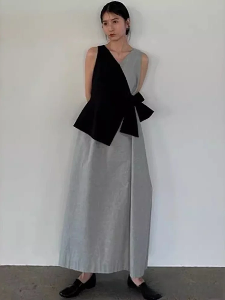 

Summer Casual V-Neck Long Dress Color Block High Waist A-Line Skirt Women's Dress Loose Fit Polyester Fabric No Sleeve