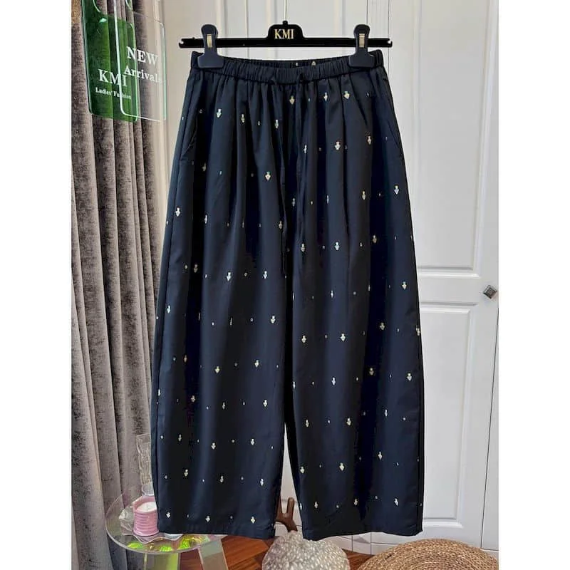 

Женские брюки-шаровары в корейском стиле, уличная одежда, весна-лето, рабочая одежда, с вышивкой, винтажные, на эластичной талии, повседневные, свободные брюки