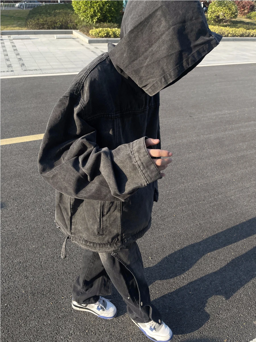 

Waed Denim Hoodie Jaet Loose Fit Men's Casual Streetwear Spring Autumn Zipper Closure Long Sve Anti-Wrinkle Outerwear