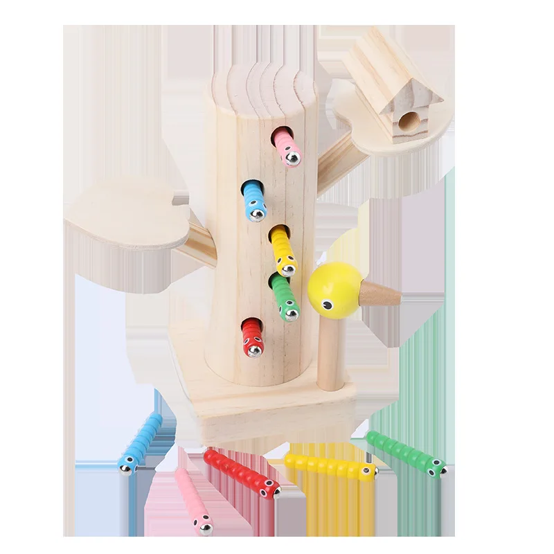 Juguetes Montessori de madera para niños, juego educativo de aprendizaje, pesca, pájaro carpintero, atrapar gusanos, Motor fino, entrenamiento de