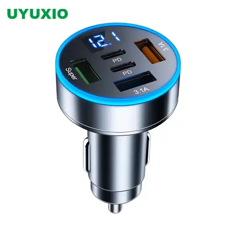 UYUXIO 5 in 1 USB Car Phone Charger Adapter with Voltage Display Dual PD Port Super Fast Charge for iPhone Samsung Huawei OPPO