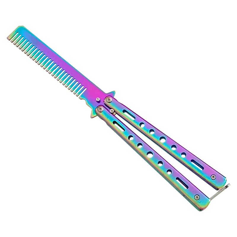 Stainless Steel Foldable Comb Practice Training Butterfly Knife Comb Beard Moustache Brushe Salon Hairdressing Styling Tool