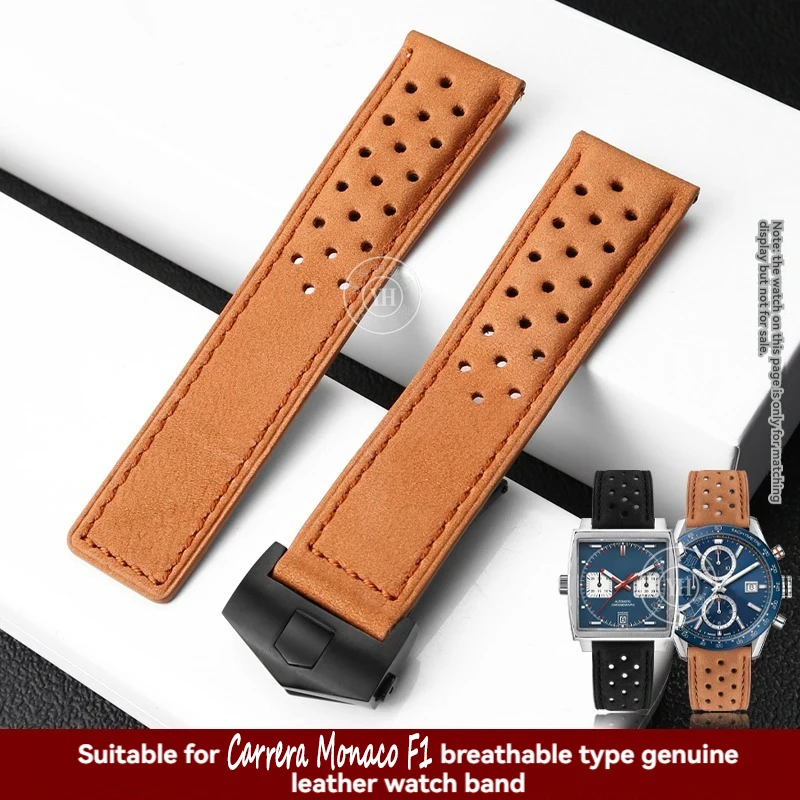 20mm 22mm Carbon fiber frosted cowhide leather folding buckle Men's watch strap black red For Tag Heuer Carrera Monaco FORMULA 1