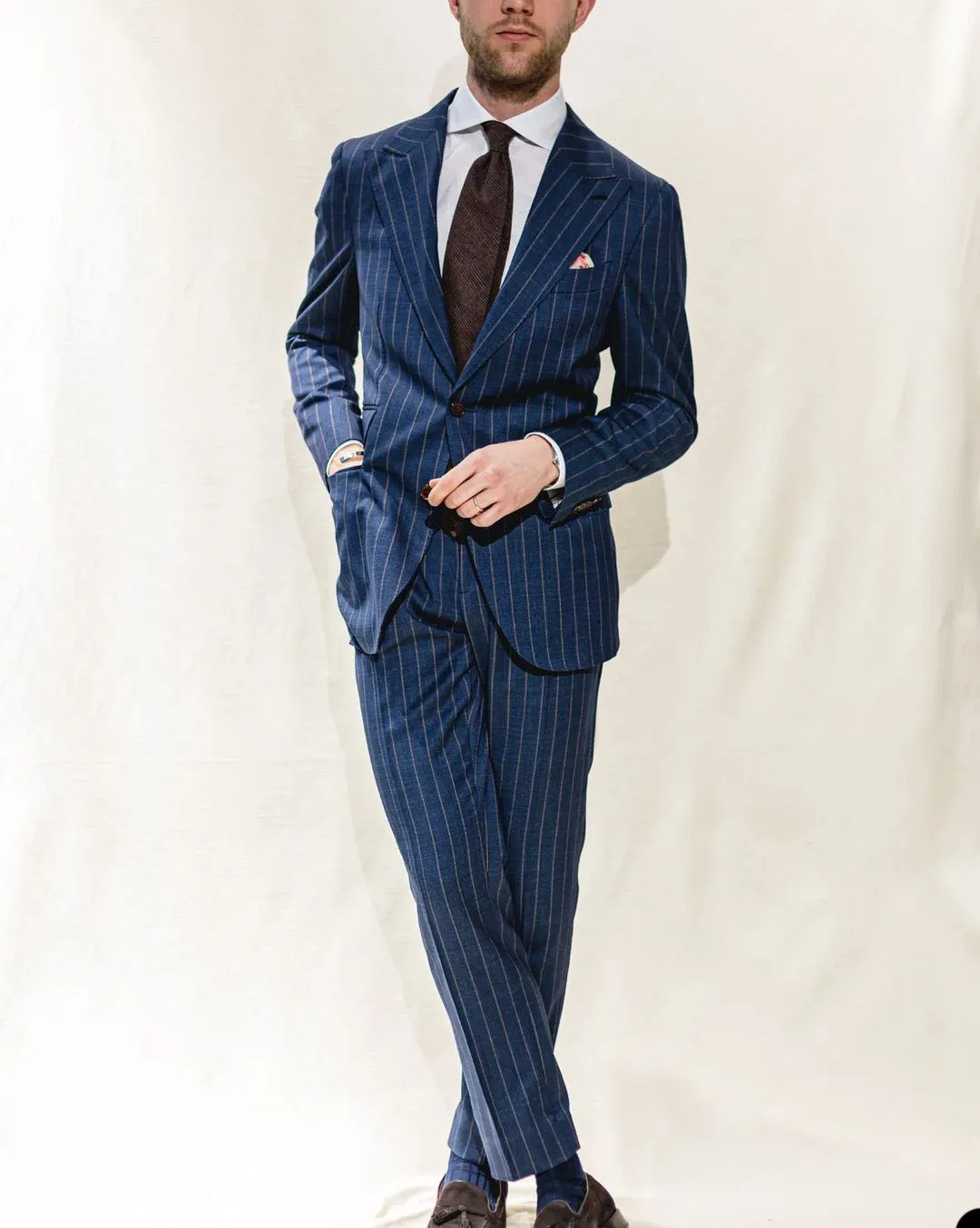 Navy Blue Stripe Men Suits 2 Pieces Blazer Jacket Pants Tailored Single Breasted Fashion Formal Business Groom Causal Prom