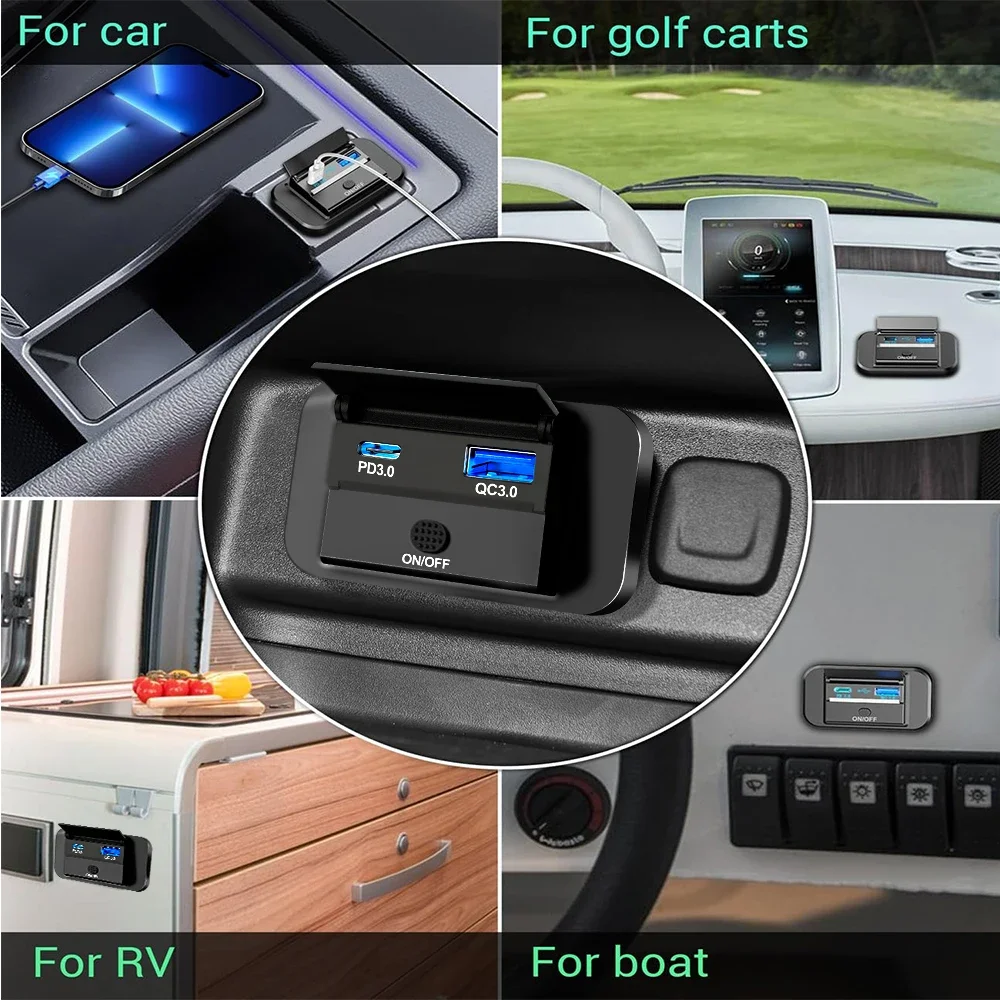 12 فولت RV نوع C منفذ USB مع مفتاح الطاقة 36 واط QC3.0 USB 55 واط PD نوع C مقبس شحن سريع مع غطاء مقاوم للماء للدراجات النارية