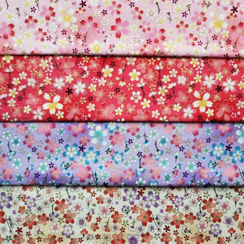 Cotton Gold Foil Printed Fabric Japanese Style Cherry Blossom Floral DIY Craft Material for Clothing Bags Home Textile Fashion