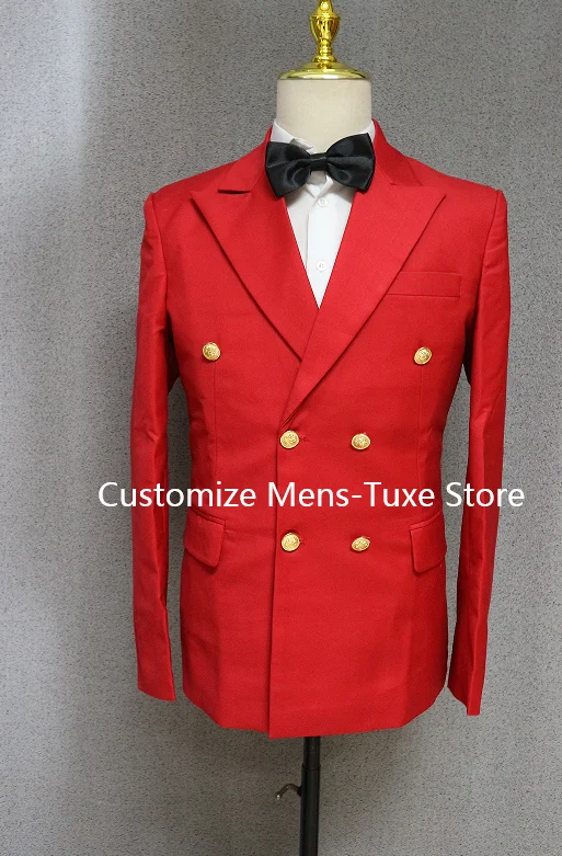 Formal Red Double  Slim Fit Men Suits Casual   Prom Evening Party England Style 2 Piece Jacket Pants Blazer Set