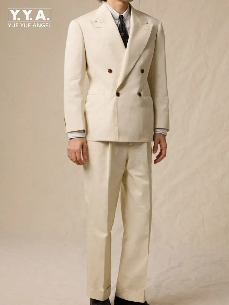 Business Casual Double-Breasted Men Suits Solid Color Blazer Pockets Pants Two Piece Set Fashion Male Long Sleeves Outfits