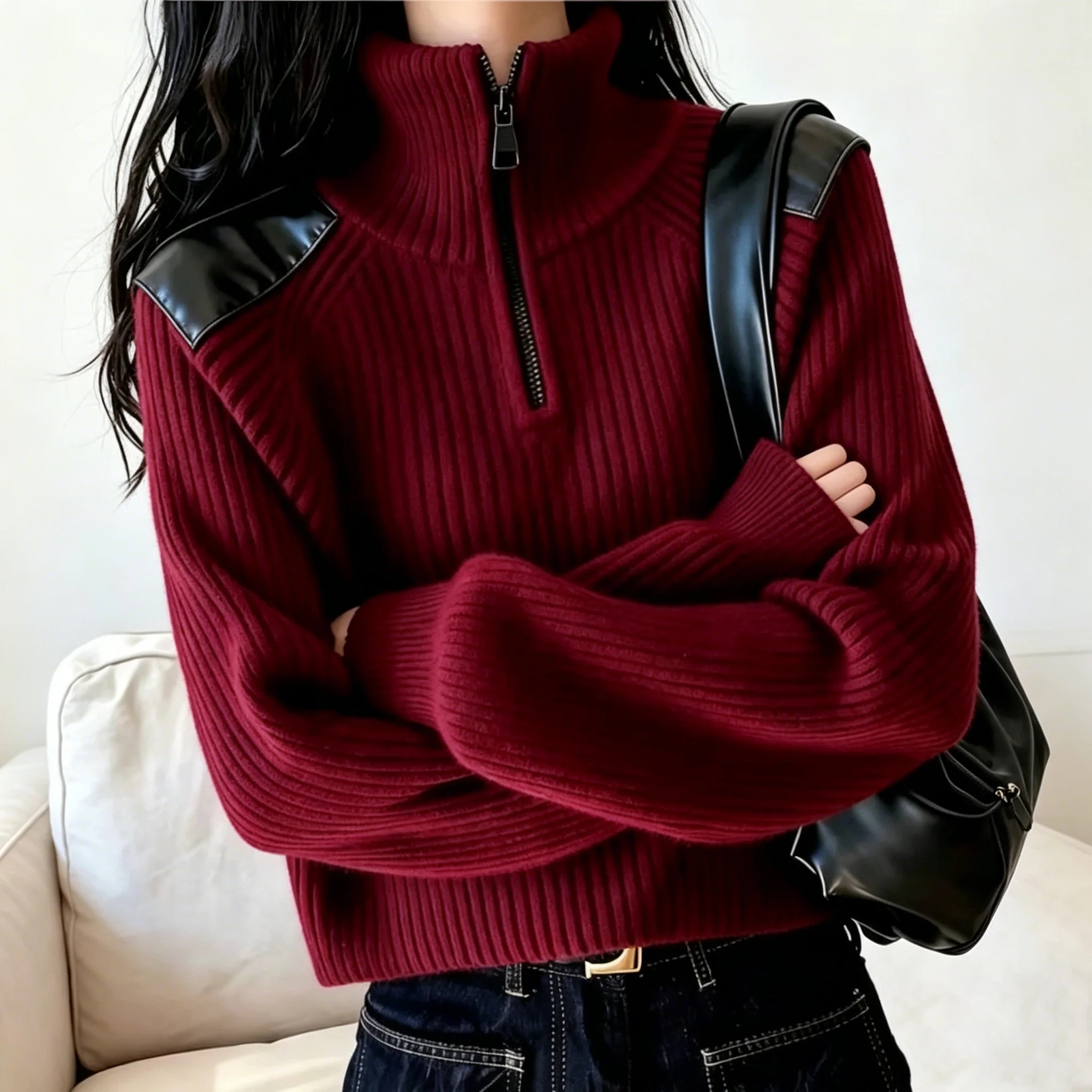 Y2K Women's Burgundy Ribbed Knit Sweater 2026New Half Zip Turtleneck Faux Leather Patch Long Sleeve Cropped Casual Knit Top Chic
