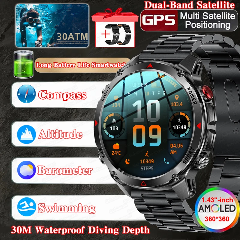 

2025 Military Grade 540mAh Battery Smart Watch 30ATM IP68 Waterproof GPS Compass Bluetooth call AMOLED HD Men Sports Smartwatch