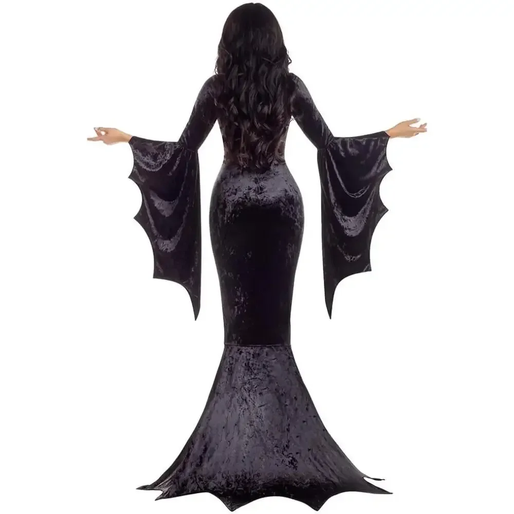 Witchy Costume Morticia Addams Long Train Dress Halloween Terror Dark Outfit Gothic Gown Robe Bat Sleeve Horror For Adult S-XL