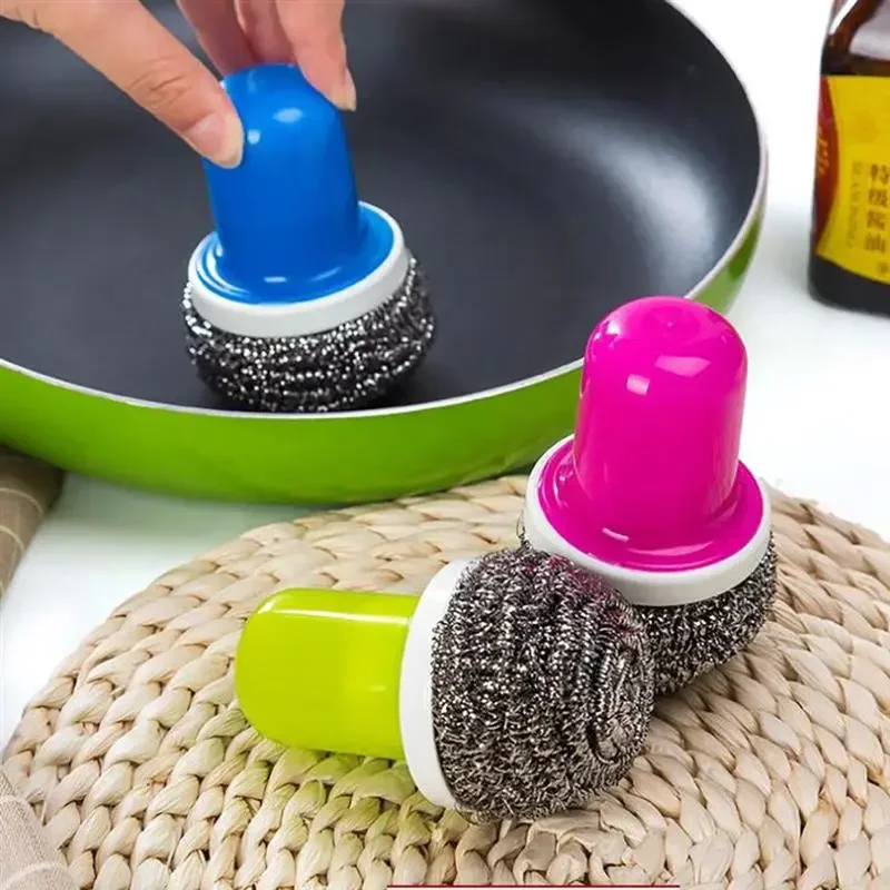 Kitchen Stainless Steel Wire Ball With Handle Clean Brush For Dish Bowl Pan Clean Metal Scrubber Ball Household Cleaning Tools