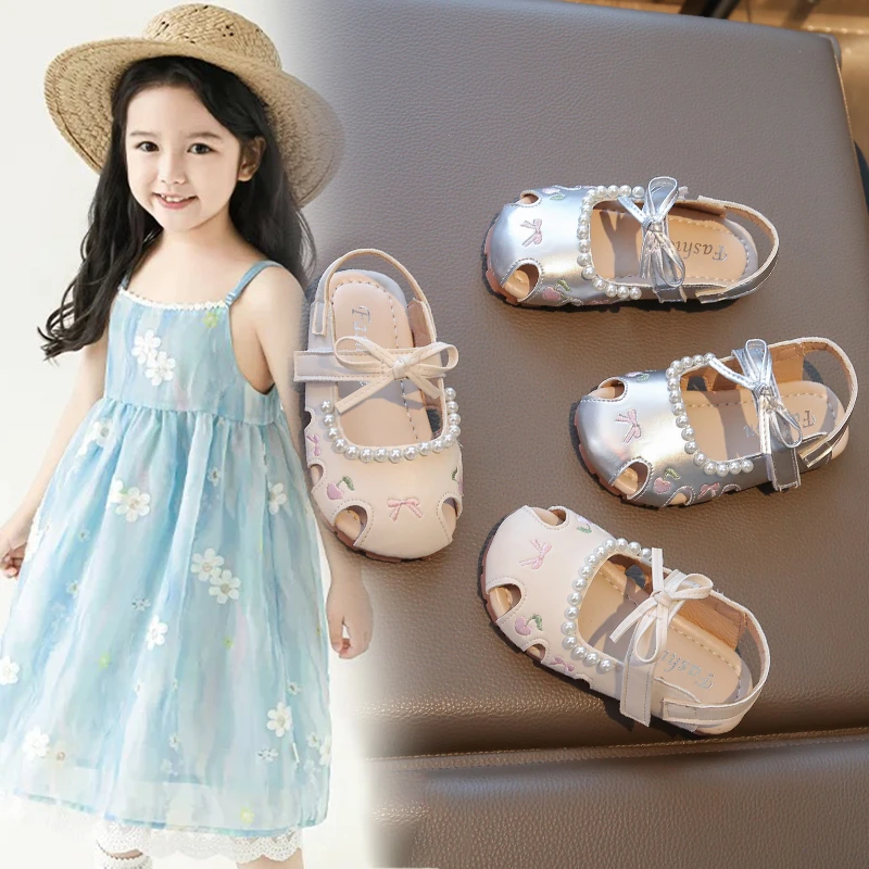 

Korean version girls' sandals 2025 summer new lace bow toe sandals, little girls' forest princess shoes